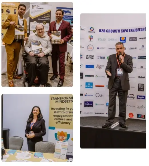 Exhibitors and a speaker at a B2B Growth Expo show